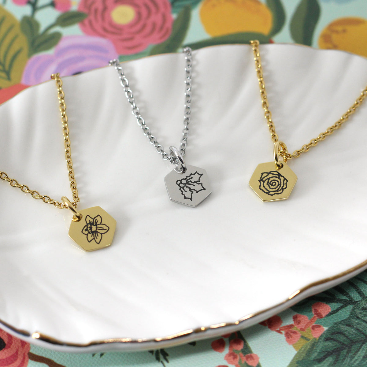 Hexagon Birth Flower Charm Necklace 