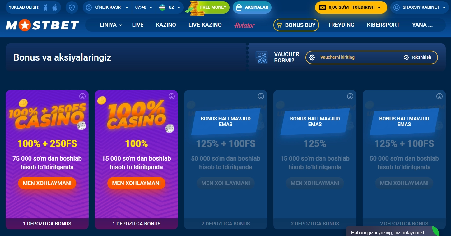 Bukmeker idorasining bonusli dasturi