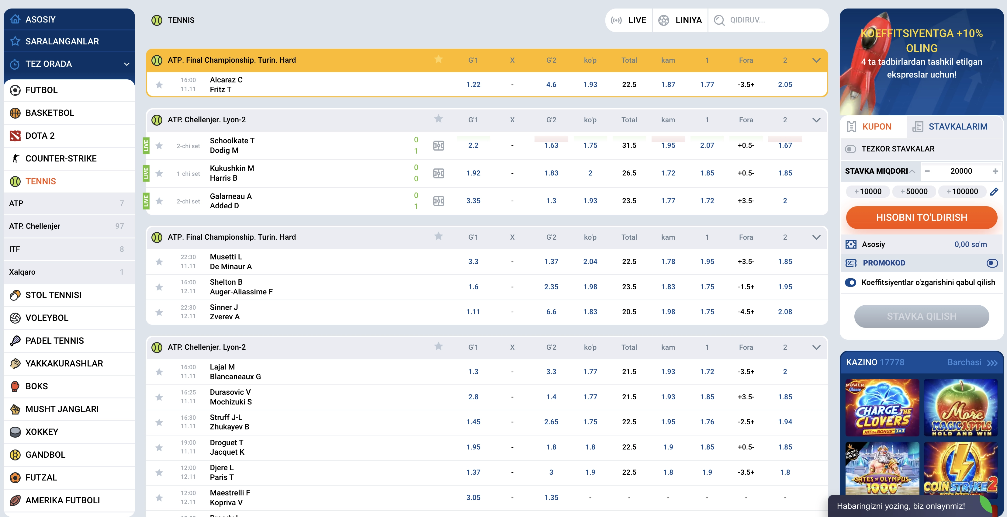 Tennisga stavka qilish